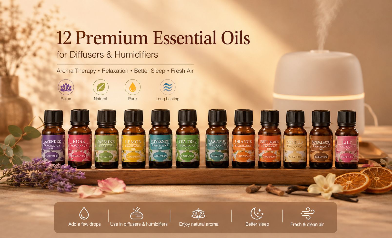 12 Premium Essential Oils Set  For Humidifiers & Diffusers
