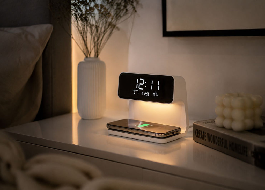 Lampa Smart 3-în-1 cu Încărcare Wireless și Ceas LED