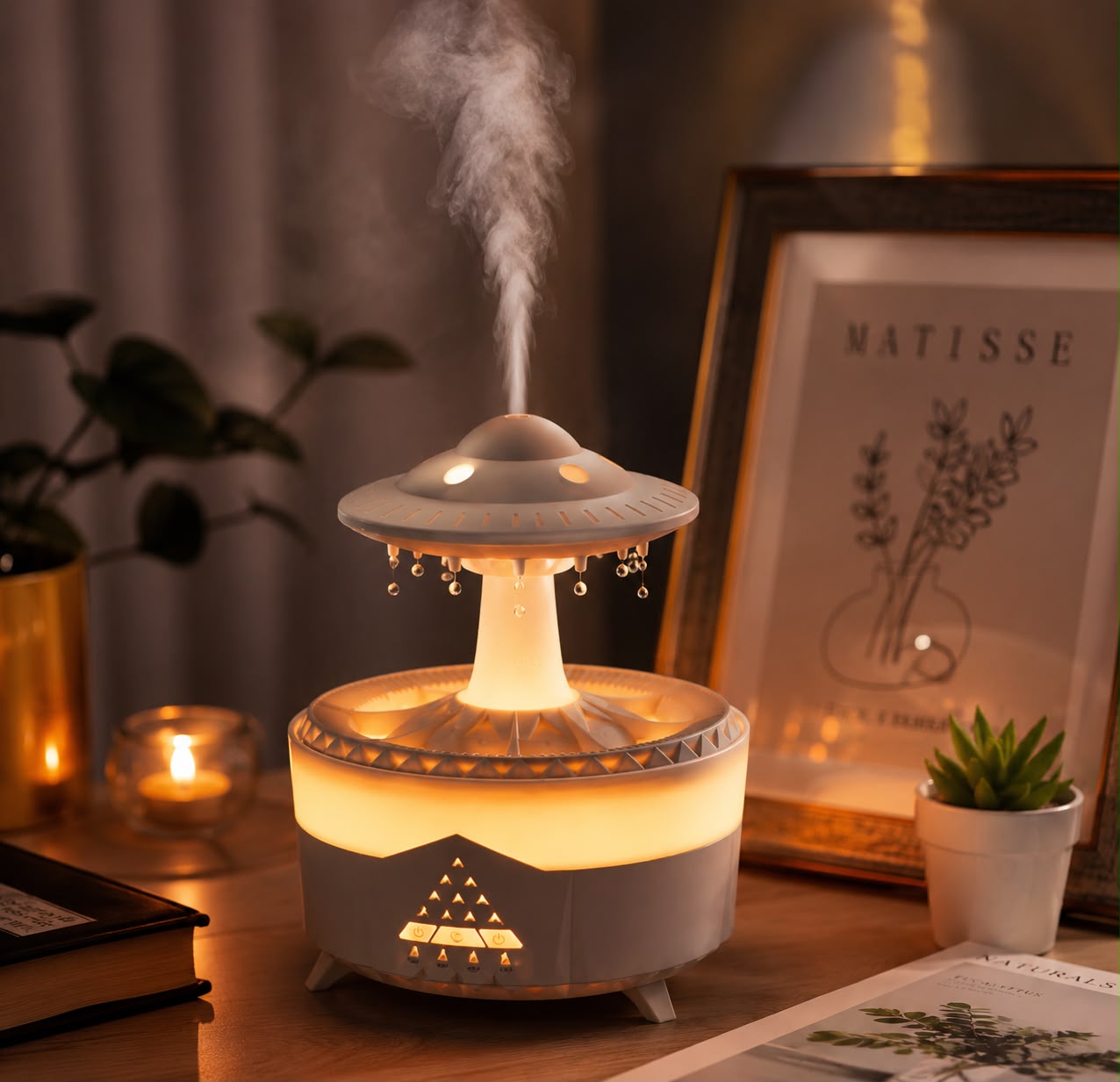 Lampa OZN cu Efect de Ploaie & Aromaterapie – Difuzor LED Relaxant pentru Acasă