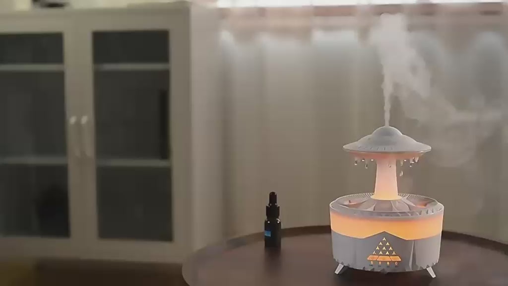 Lampa OZN cu Efect de Ploaie & Aromaterapie – Difuzor LED Relaxant pentru Acasă